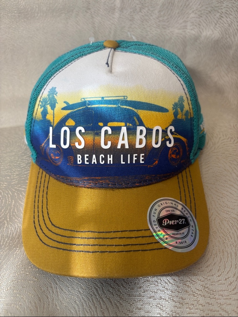 Pier 27 Los Cabos Beach Life Trucker Hat - Teal, Mustard, White 0134